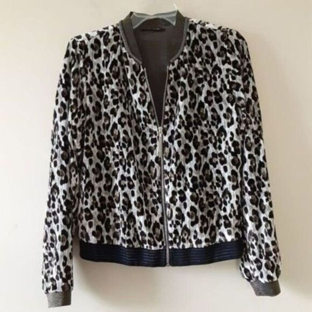 T Tahari Bomber Crop Jacket Crushed Velour Animal Print Sm Full Zip Party Casual - Picture 2 of 8